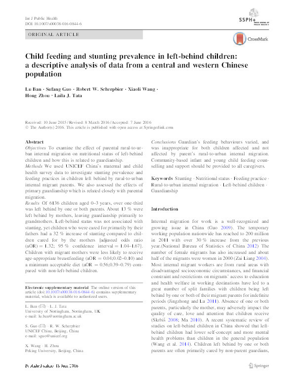 Child feeding and stunting prevalence in left-behind children: a descriptive analysis of data from a central and western Chinese population Thumbnail