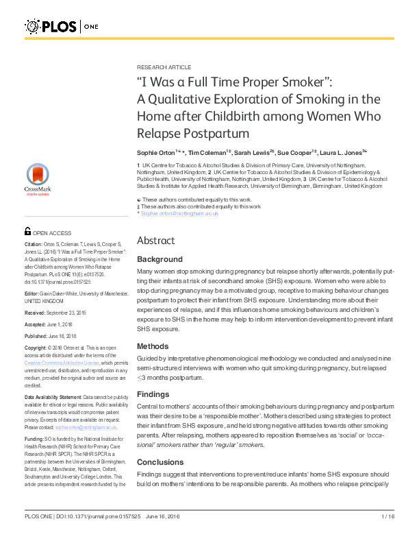 “I was a full time proper smoker”: A qualitative exploration of smoking in the home after childbirth among women who relapse postpartum Thumbnail