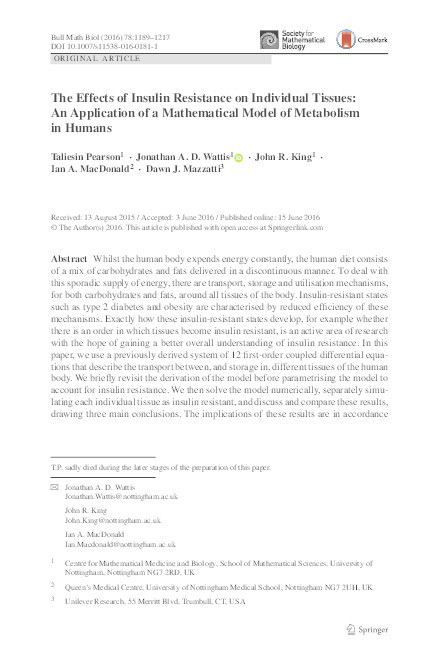 The effects of insulin resistance on individual tissues: an application of a mathematical model of metabolism  in humans Thumbnail