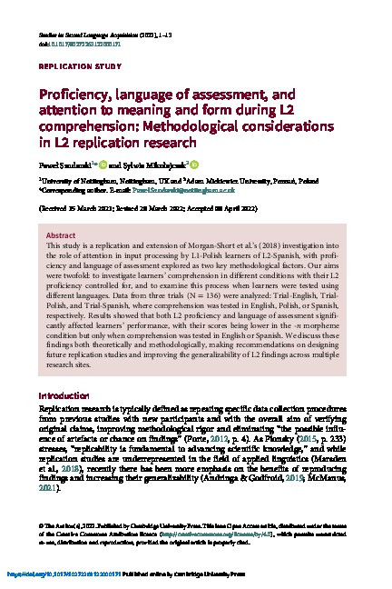 Proficiency, language of assessment, and attention to meaning and form during L2 comprehension: Methodological considerations in L2 replication research Thumbnail