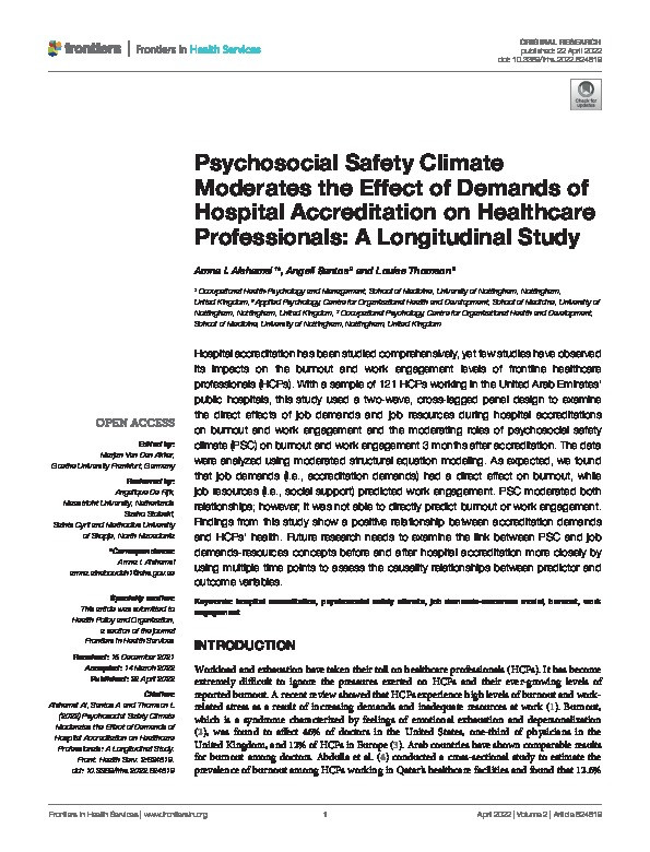 Psychosocial Safety Climate Moderates the Effect of Demands of Hospital Accreditation on Healthcare Professionals: A Longitudinal Study Thumbnail