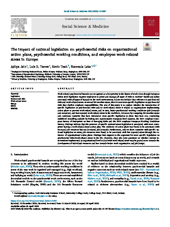 The impact of national legislation on psychosocial risks on organisational action plans, psychosocial working conditions, and employee work-related stress in Europe Thumbnail