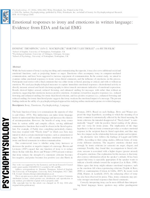 Emotional responses to irony and emoticons in written language: evidence from EDA and facial EMG Thumbnail