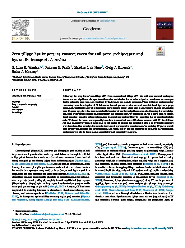 Zero tillage has important consequences for soil pore architecture and hydraulic transport: A review Thumbnail