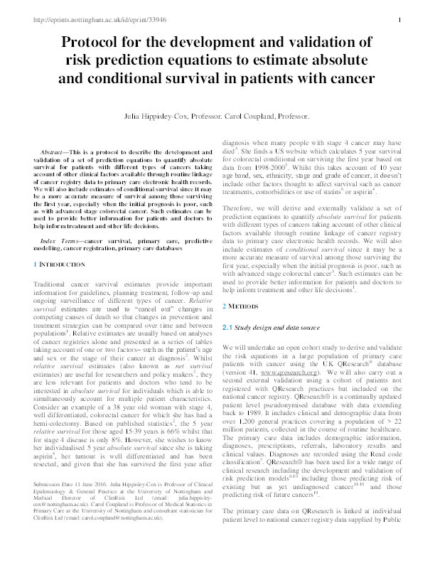 Protocol for the development and validation of risk prediction equations to estimate absolute and conditional survival in patients with cancer Thumbnail