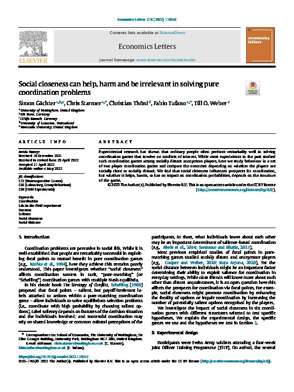Social closeness can help, harm and be irrelevant in solving pure coordination problems Thumbnail
