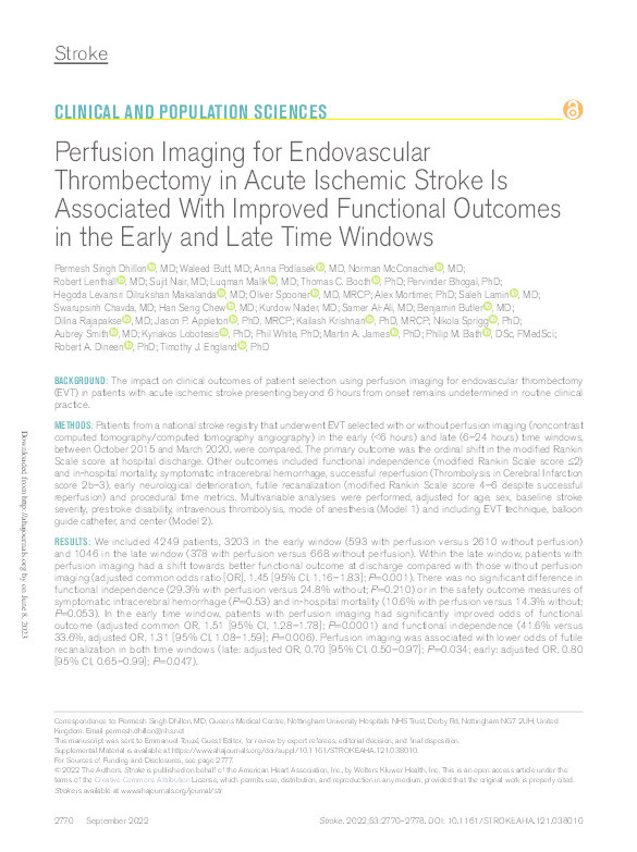 Perfusion Imaging for Endovascular Thrombectomy in Acute Ischemic Stroke Is Associated With Improved Functional Outcomes in the Early and Late Time Windows Thumbnail