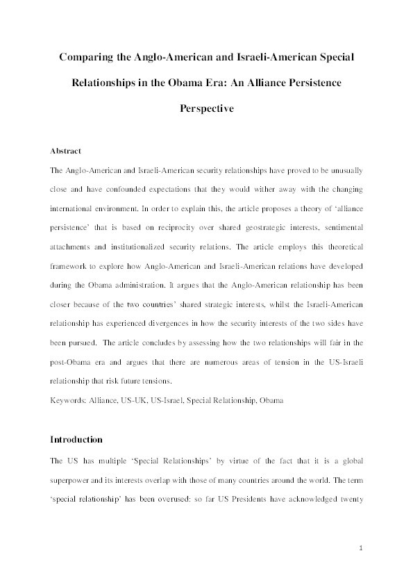 Comparing the Anglo-American and Israeli-American Special Relationships in the Obama Era: An Alliance Persistence Perspective Thumbnail