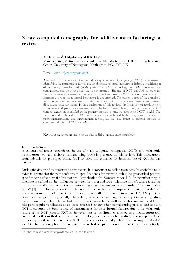 X-ray computed tomography for additive manufacturing: a review Thumbnail