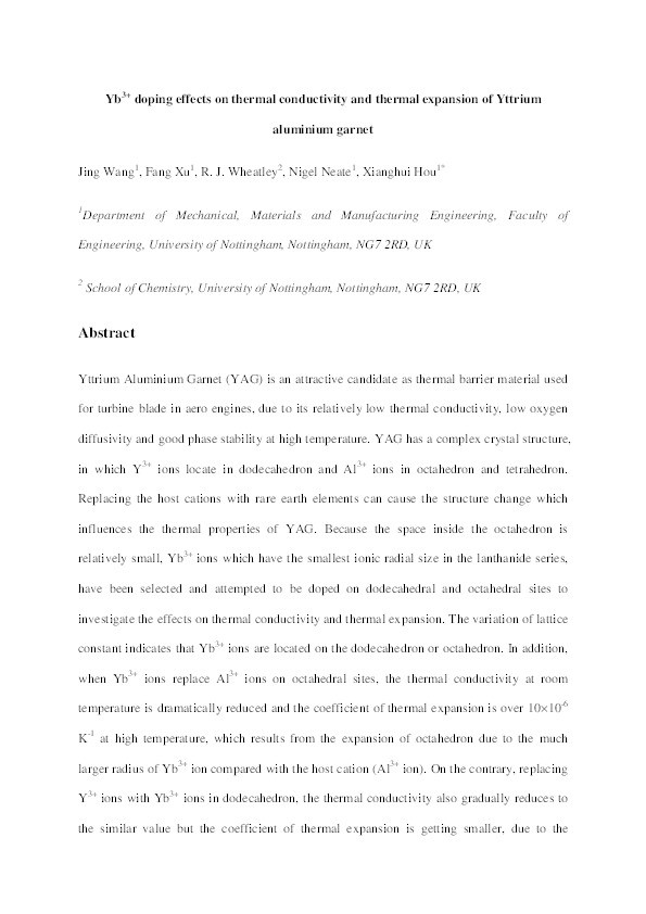 Yb3+ doping effects on thermal conductivity and thermal expansion of Yttrium aluminium garnet Thumbnail