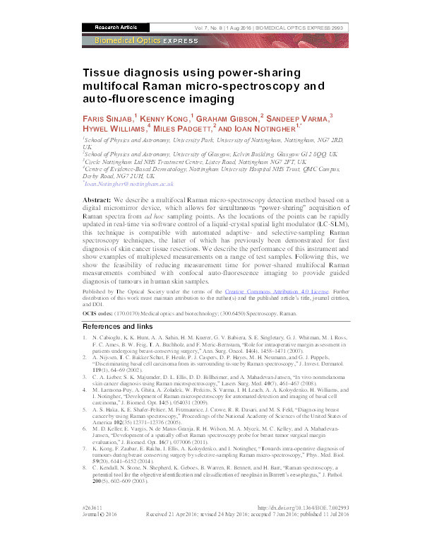 Tissue diagnosis using power-sharing multifocal Raman micro-spectroscopy and auto-fluorescence imaging Thumbnail