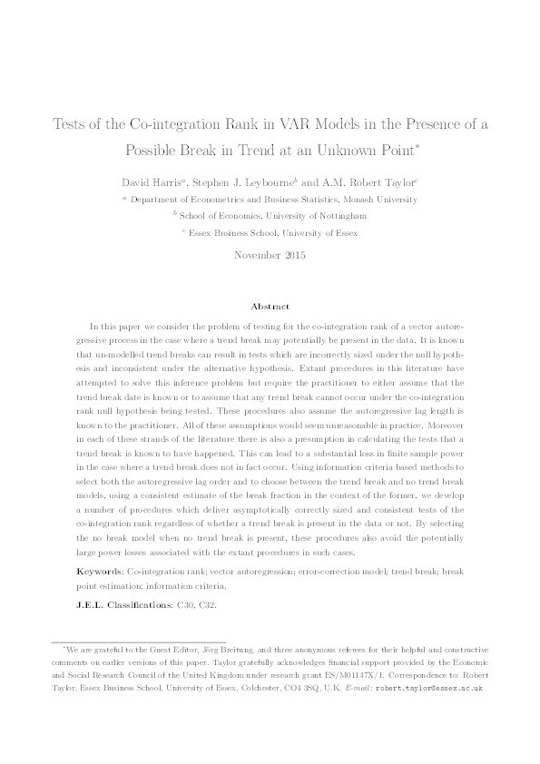 Tests of the co-integration rank in VAR models in the presence of a possible break in trend at an unknown point Thumbnail