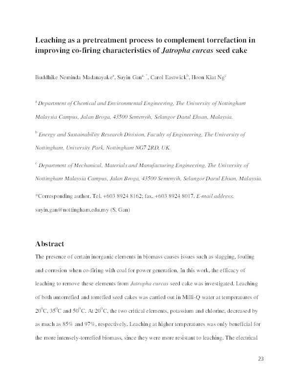 Leaching as a pretreatment process to complement torrefaction in improving co-firing characteristics of Jatropha curcas seed cake Thumbnail