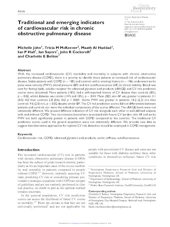 Traditional and emerging indicators of cardiovascular risk in chronic obstructive pulmonary disease Thumbnail