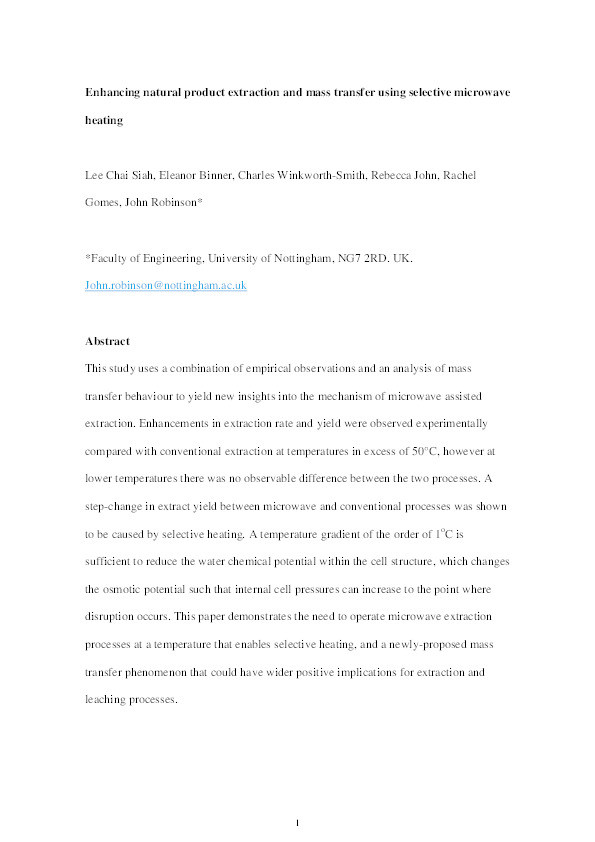 Enhancing natural product extraction and mass transfer using selective microwave heating Thumbnail