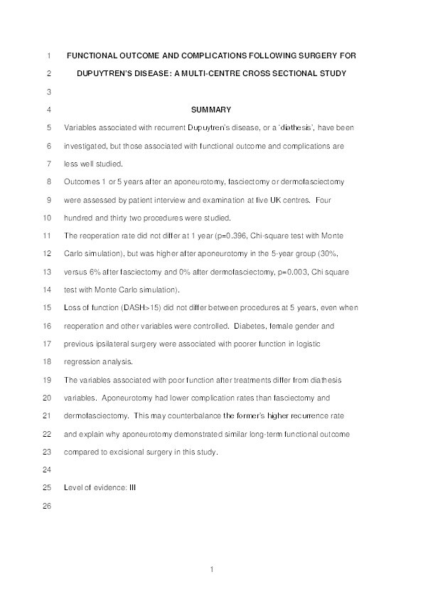 Functional outcome and complications following surgery for Dupuytren’s disease: a multi-centre cross-sectional study Thumbnail