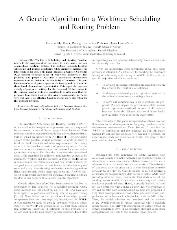 A Genetic Algorithm for a Workforce Scheduling and Routing Problem Thumbnail