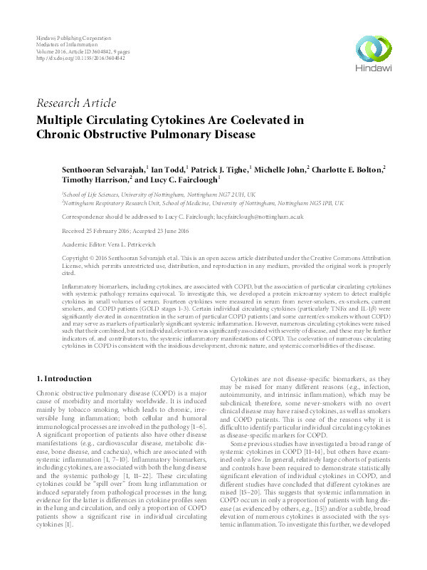 Multiple Circulating Cytokines Are Coelevated in Chronic Obstructive Pulmonary Disease Thumbnail