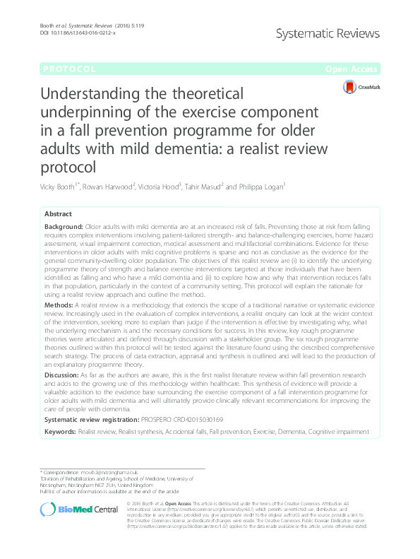 Understanding the theoretical underpinning of the exercise component in a fall prevention programme for older adults with mild dementia: a realist review protocol Thumbnail