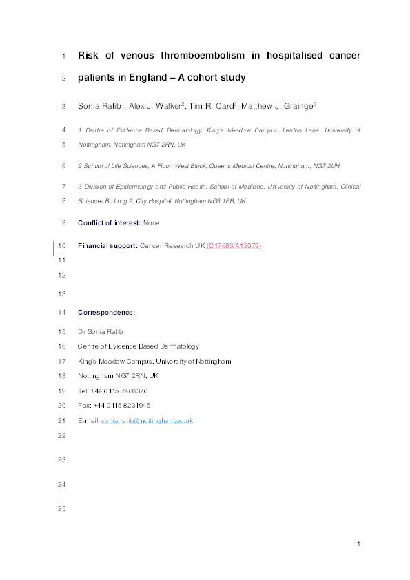 Risk of venous thromboembolism in hospitalised cancer patients in England – A cohort study Thumbnail