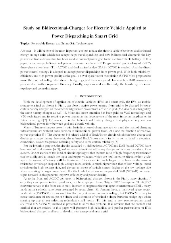 Study on bidirectional-charger for electric vehicle applied to power dispatching in smart grid Thumbnail