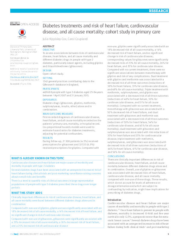 Diabetes treatments and risk of heart failure, cardiovascular disease and all-cause mortality: cohort study in primary care Thumbnail