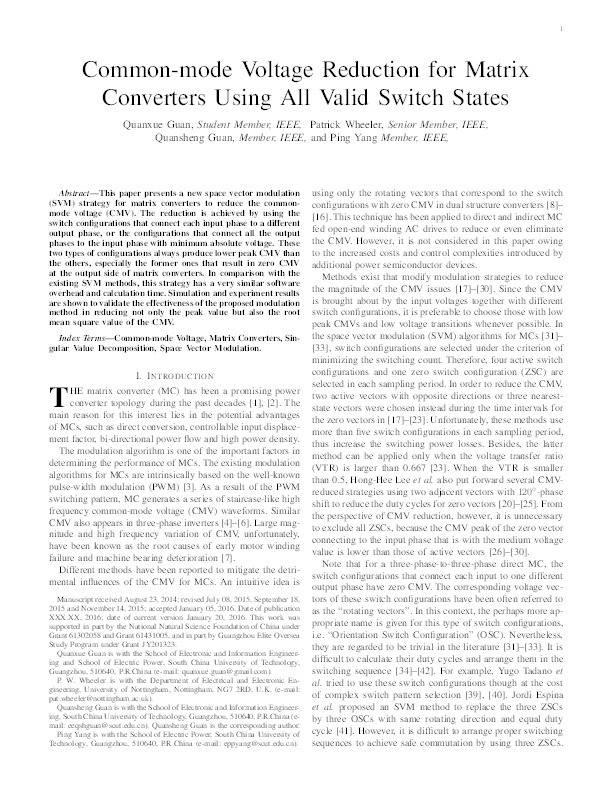 Common-mode voltage reduction for matrix converters using all valid switch states Thumbnail
