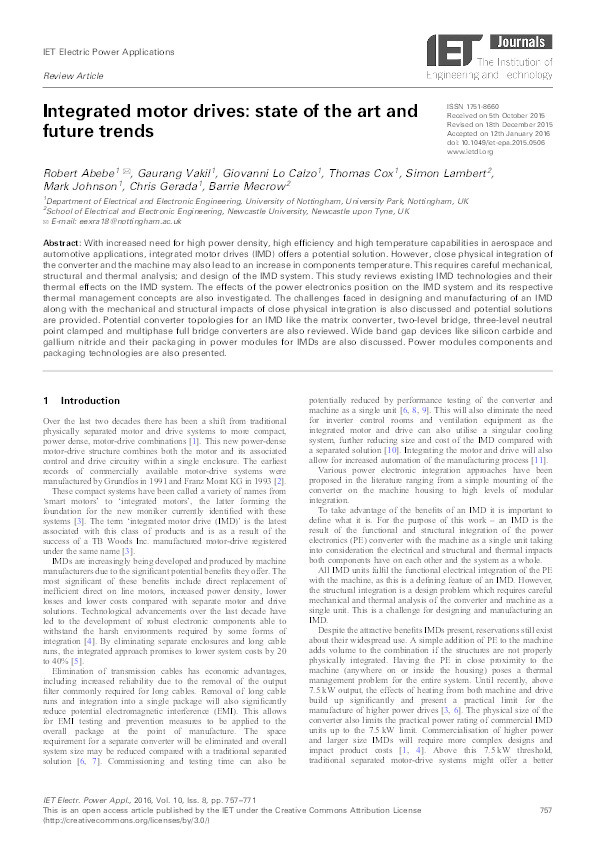 Integrated motor drives: state of the art and future trends Thumbnail