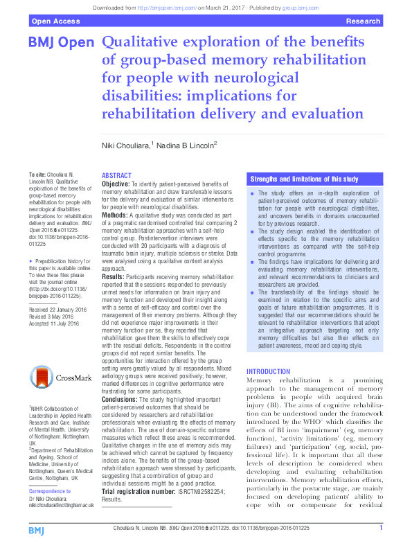 Qualitative exploration of the benefits of group-based memory rehabilitation for people with neurological disabilities: implications for rehabilitation delivery and evaluation Thumbnail