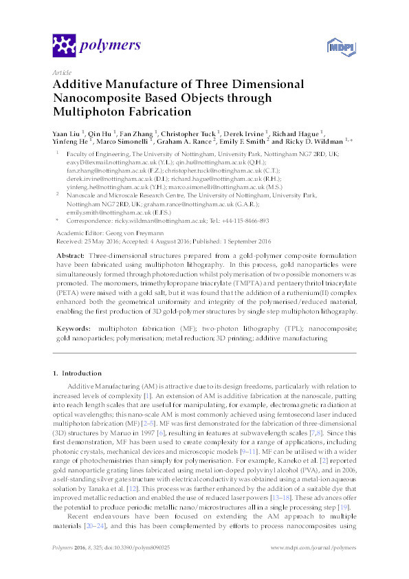 Additive manufacture of three dimensional nanocomposite based objects through multiphoton fabrication Thumbnail