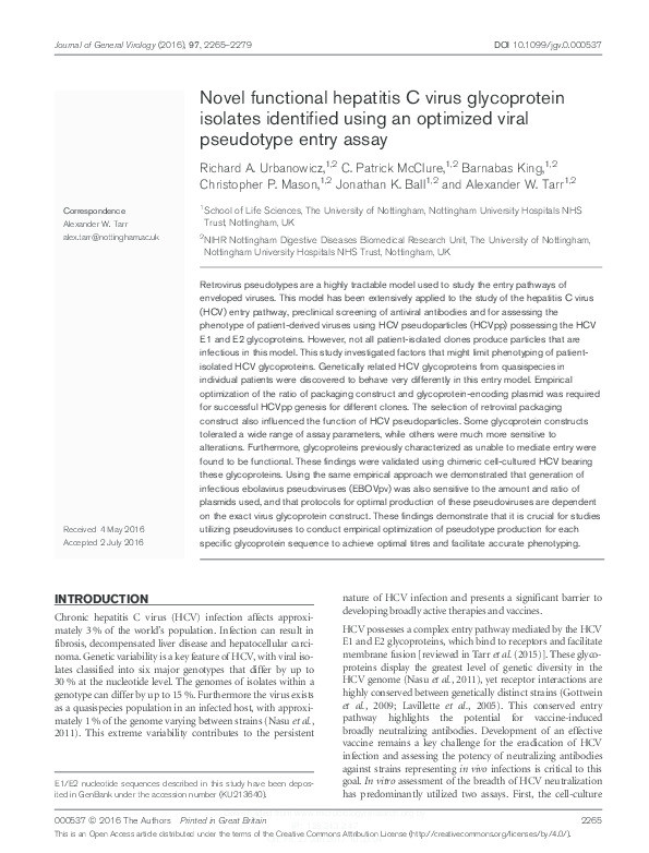 Novel functional hepatitis C virus glycoprotein isolates identified using an optimized viral pseudotype entry assay Thumbnail