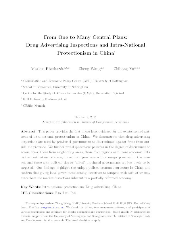 From one to many central plans: drug advertising inspections and intra-national protectionism in China Thumbnail