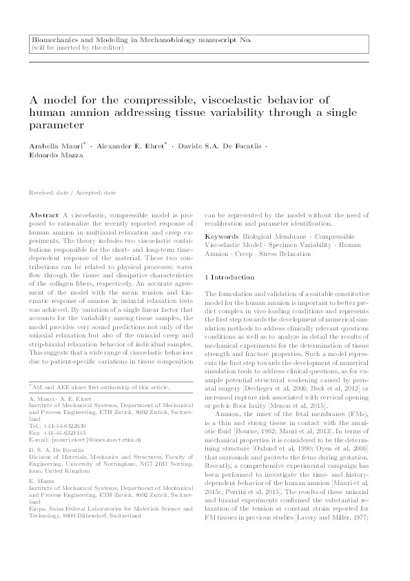 A model for the compressible, viscoelastic behavior of human amnion addressing tissue variability through a single parameter Thumbnail