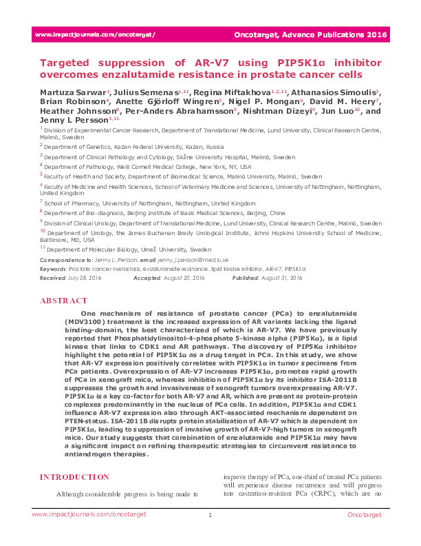 Targeted suppression of AR-V7 using PIP5K1α inhibitor overcomes enzalutamide resistance in prostate cancer cells Thumbnail