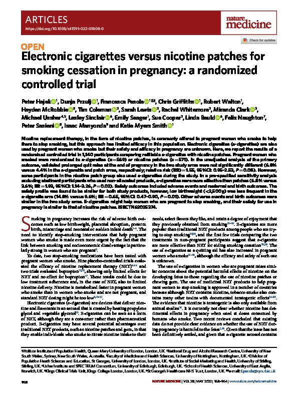 Electronic cigarettes versus nicotine patches for smoking cessation in pregnancy: a randomized controlled trial Thumbnail