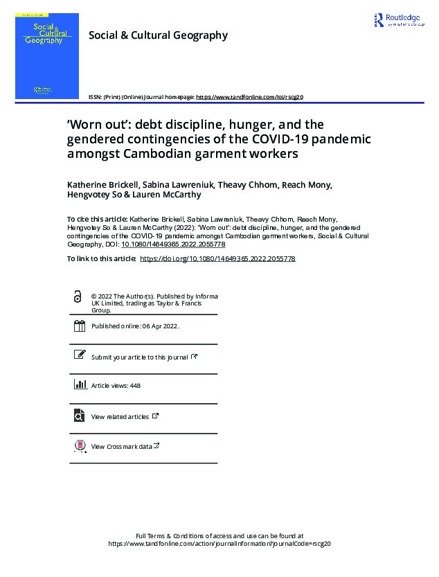 ‘Worn out’: debt discipline, hunger, and the gendered contingencies of the COVID-19 pandemic amongst Cambodian garment workers Thumbnail