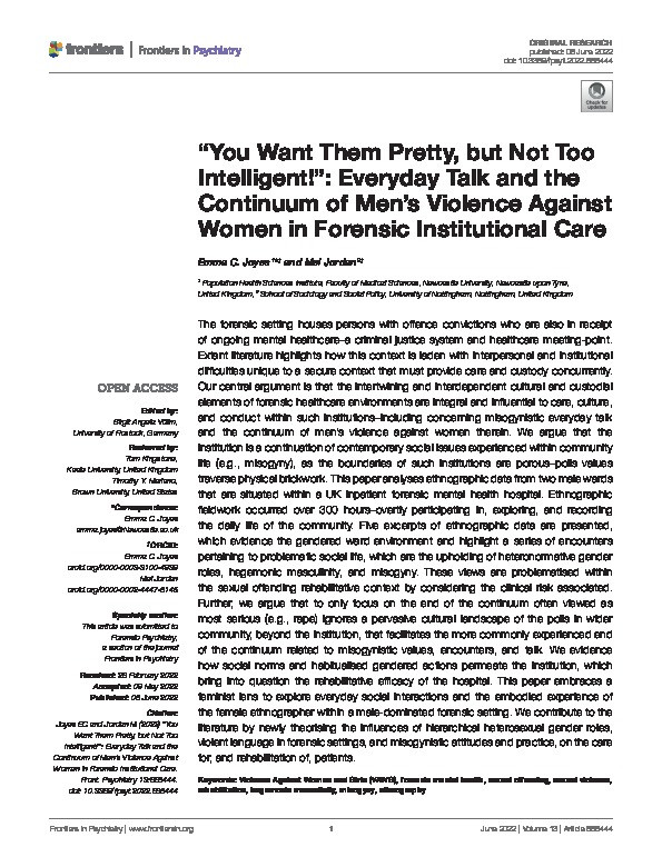 “You Want Them Pretty, but Not Too Intelligent!”: Everyday Talk and the Continuum of Men's Violence Against Women in Forensic Institutional Care Thumbnail
