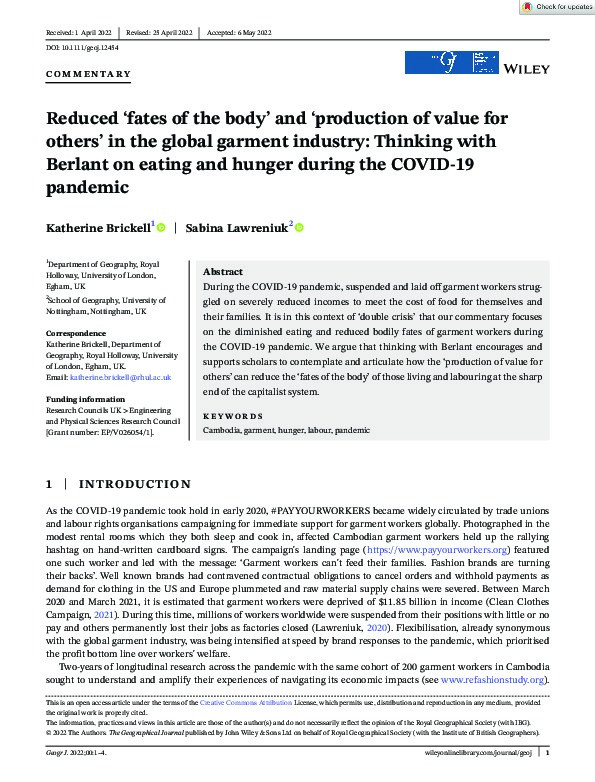Reduced ‘fates of the body’ and ‘production of value for others’ in the global garment industry: Thinking with Berlant on eating and hunger during the COVID-19 pandemic Thumbnail