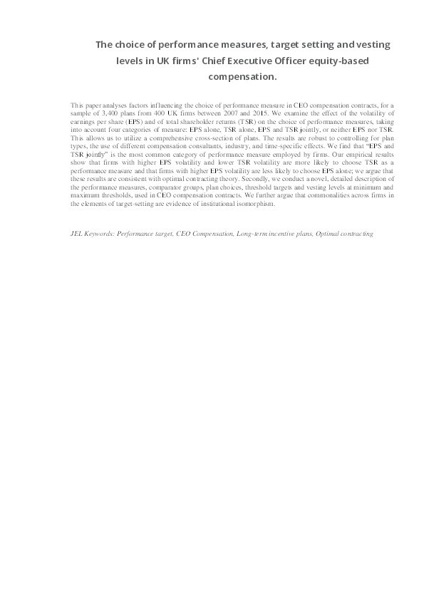 The choice of performance measures, target setting and vesting levels in UK firms' Chief Executive Officer equity‐based compensation Thumbnail