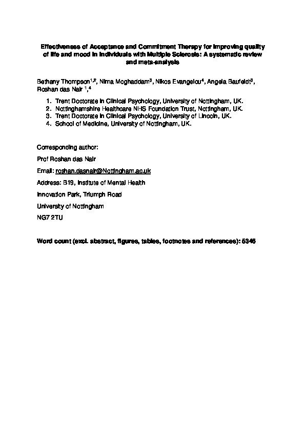 Effectiveness of acceptance and commitment therapy for improving quality of life and mood in individuals with multiple sclerosis: A systematic review and meta-analysis Thumbnail