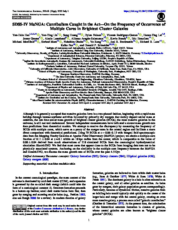 SDSS-IV MaNGA: Cannibalism Caught in the Act - On the Frequency of Occurrence of Multiple Cores in Brightest Cluster Galaxies Thumbnail