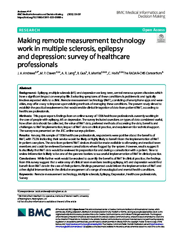 Making remote measurement technology work in multiple sclerosis, epilepsy and depression: survey of healthcare professionals Thumbnail
