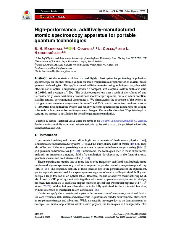 High-performance, additively-manufactured atomic spectroscopy apparatus for portable quantum technologies Thumbnail