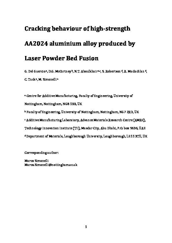 Cracking behaviour of high-strength AA2024 aluminium alloy produced by Laser Powder Bed Fusion Thumbnail