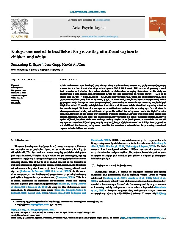 Endogenous control is insufficient for preventing attentional capture in children and adults Thumbnail