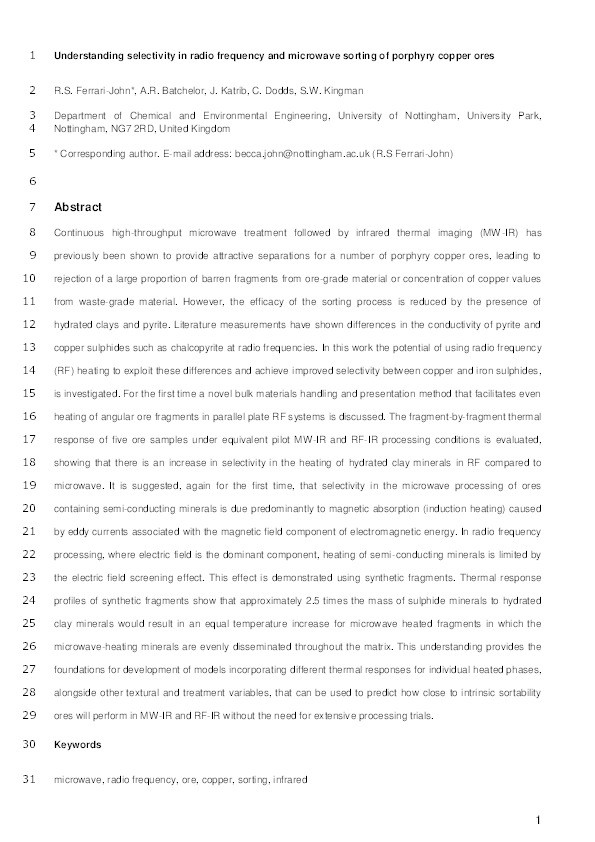 Understanding selectivity in radio frequency and microwave sorting of porphyry copper ores Thumbnail