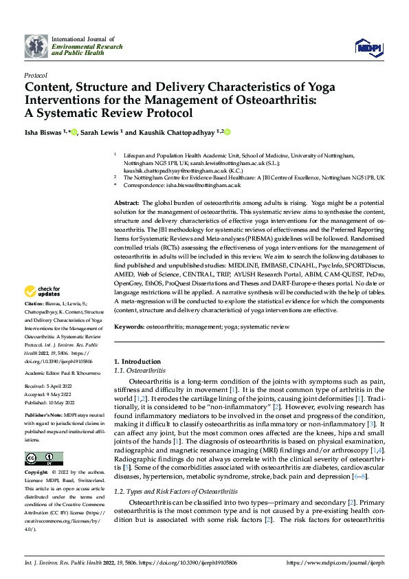 Content, Structure and Delivery Characteristics of Yoga Interventions for the Management of Osteoarthritis: A Systematic Review Protocol Thumbnail