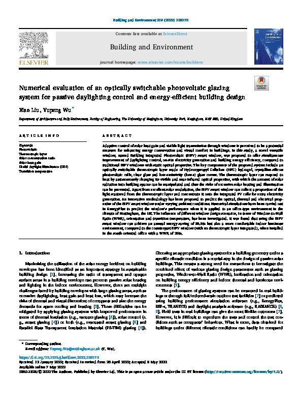 Numerical evaluation of an optically switchable photovoltaic glazing system for passive daylighting control and energy-efficient building design Thumbnail