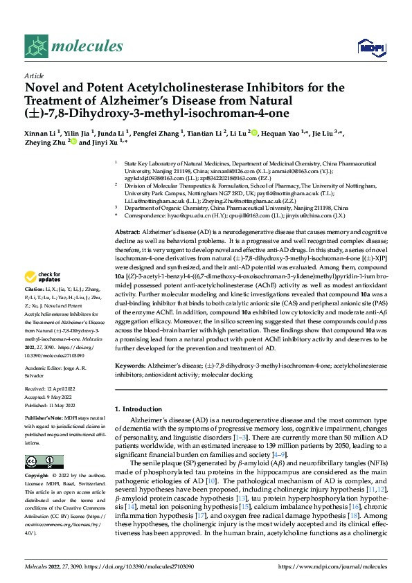 Novel and Potent Acetylcholinesterase Inhibitors for the Treatment of Alzheimer’s Disease from Natural (±)-7,8-Dihydroxy-3-methyl-isochroman-4-one Thumbnail