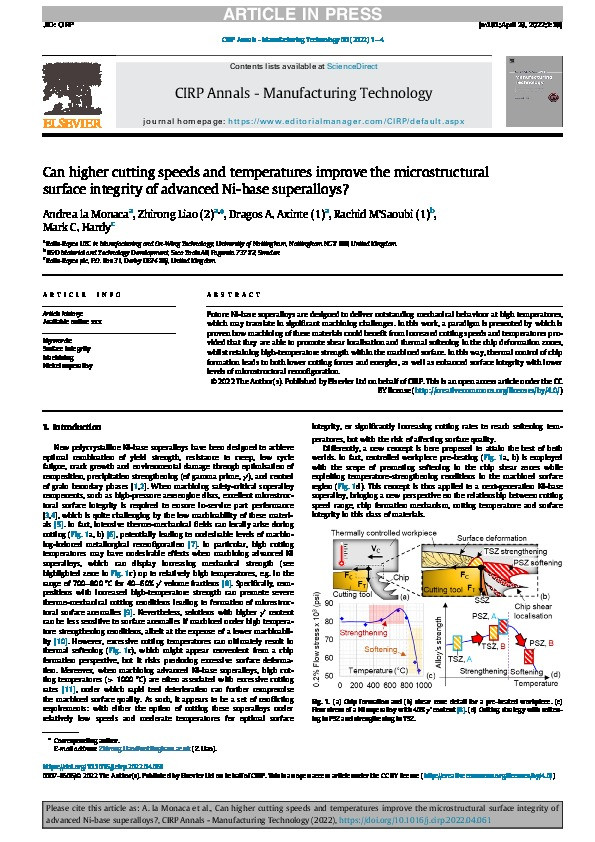 Can higher cutting speeds and temperatures improve the microstructural surface integrity of advanced Ni-base superalloys? Thumbnail